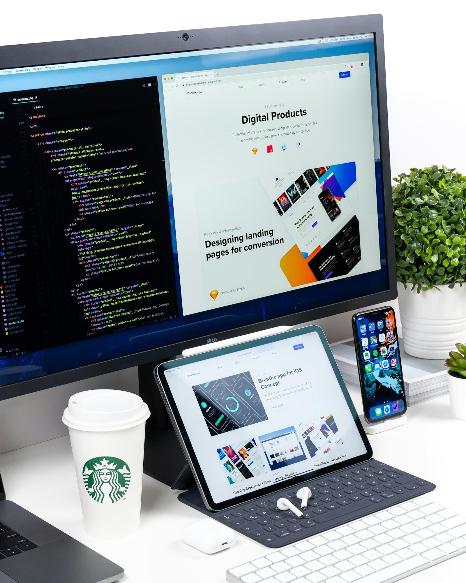 A monitor displaying product screens
